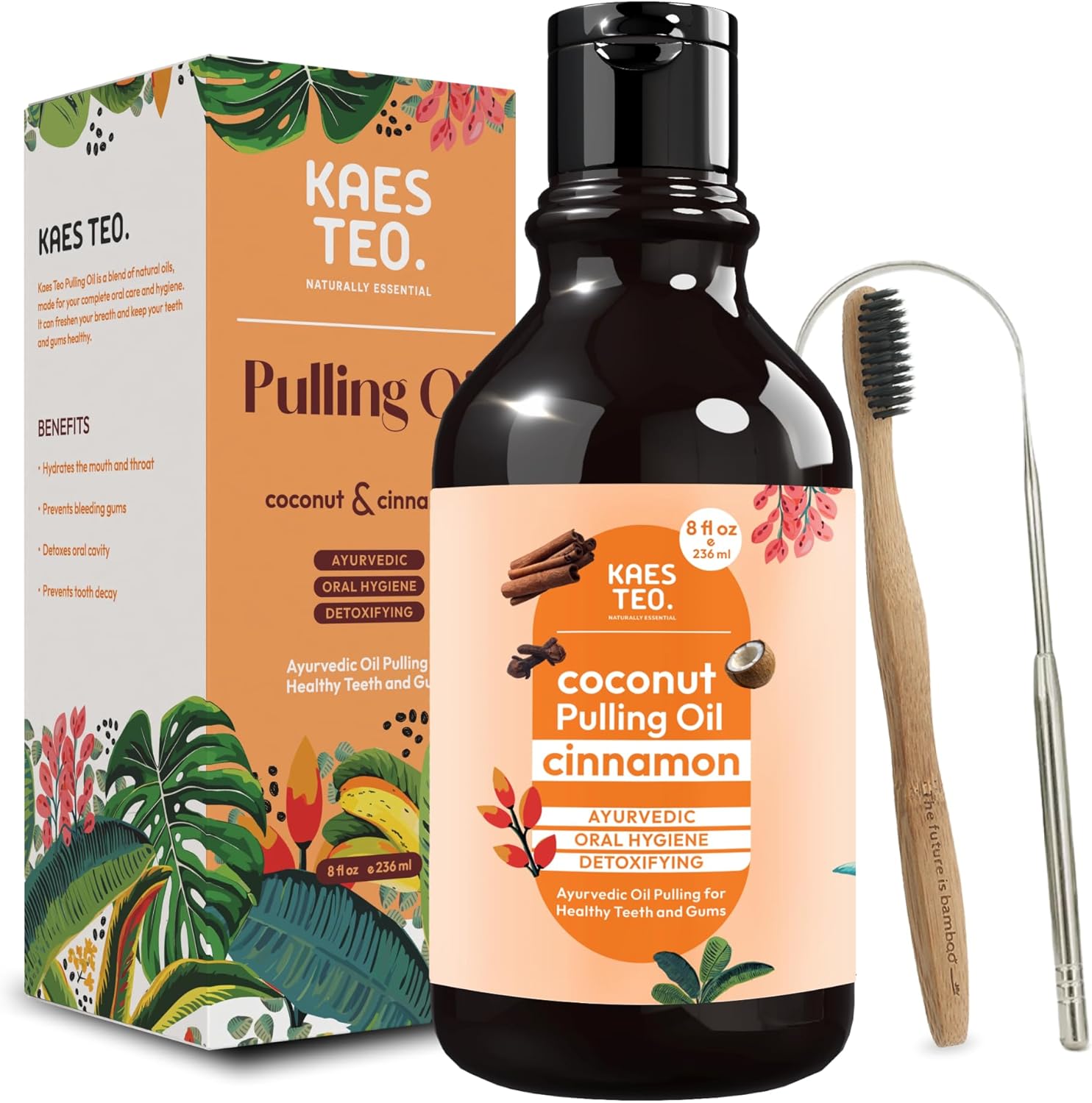 Coconut Oil Pulling with Cinnamon & Clove Bud Essential Oil for Healthy Teeth & Gums, Bad Breath Treatment, Teeth Whitening Mouthwash, Healthy Teeth & Gums, Alcohol Free, 100% Natural 8 Fl Oz